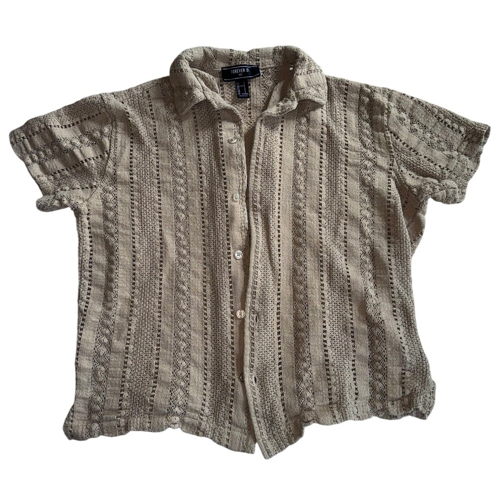 Forever 21 Mens Short Sleeve Button Down Shirt Tan Beige Knit Crochet Pointelle